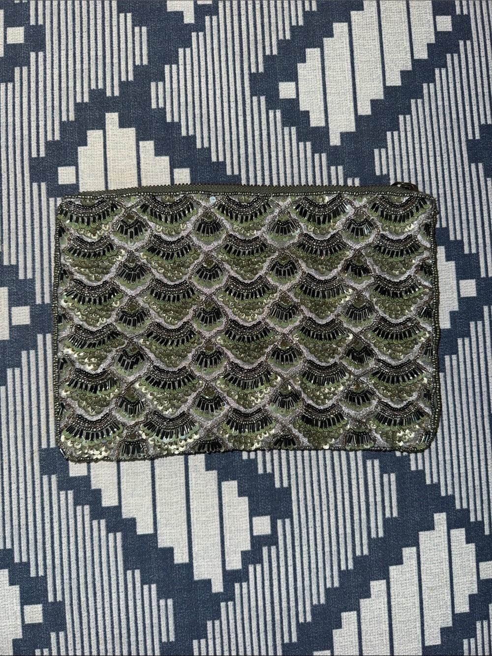 Anthropologie Olive Green and Black Sequined Scallop Clutch